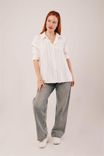 Katlanabilir Kol Ve Cep Detaylı Camel Çizgili Gömlek