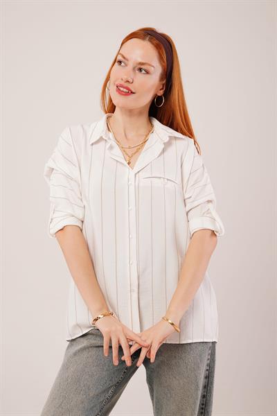 Katlanabilir Kol Ve Cep Detaylı Camel Çizgili Gömlek