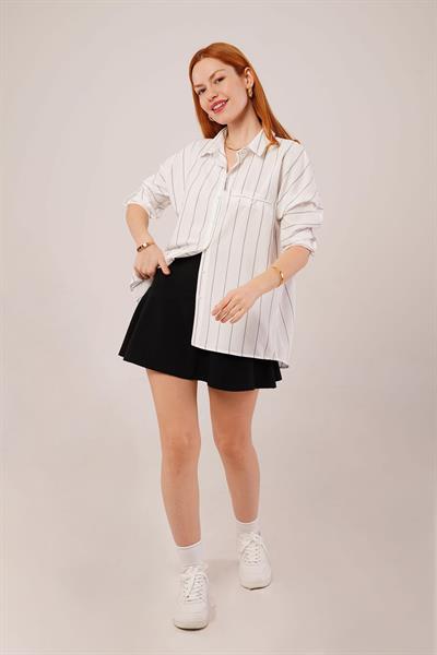 Katlanabilir Kol Ve Cep Detaylı Gri Çizgili Gömlek