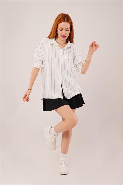 Katlanabilir Kol Ve Cep Detaylı Gri Çizgili Gömlek