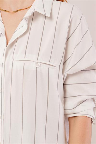 Katlanabilir Kol Ve Cep Detaylı Gri Çizgili Gömlek