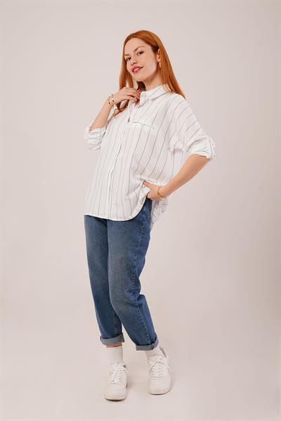 Katlanabilir Kol Ve Cep Detaylı Mavi Çizgili Gömlek