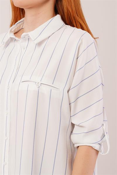 Katlanabilir Kol Ve Cep Detaylı Mavi Çizgili Gömlek