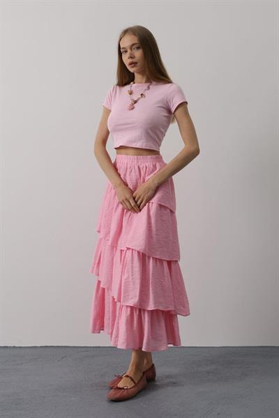 Katlı Kesim Uzun Etek - Pembe
