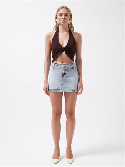 Kemer Detay Denim Mini Etek