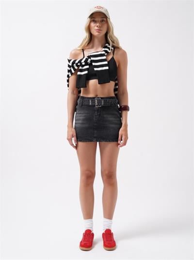 Kemer Detay Denim Mini Etek