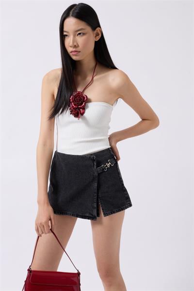 Kemer Detay Denim Şort Etek