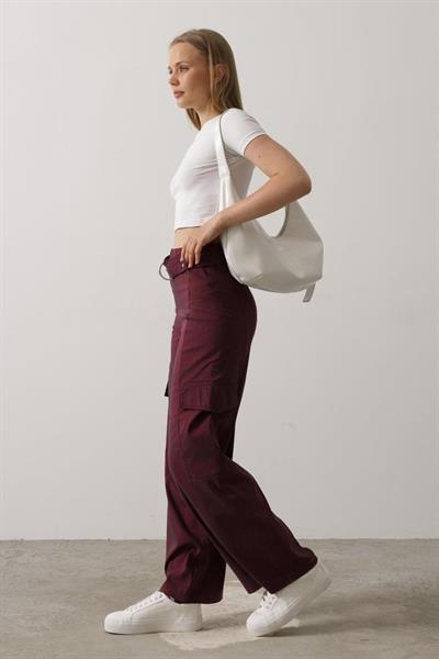 Kemerli Cargo Pantolon - Bordo