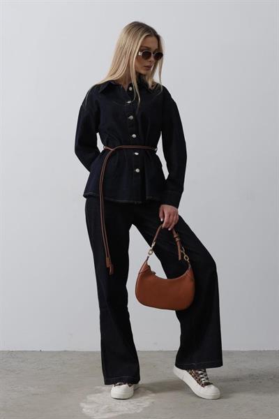 Kemerli Denim Takım - Mavi