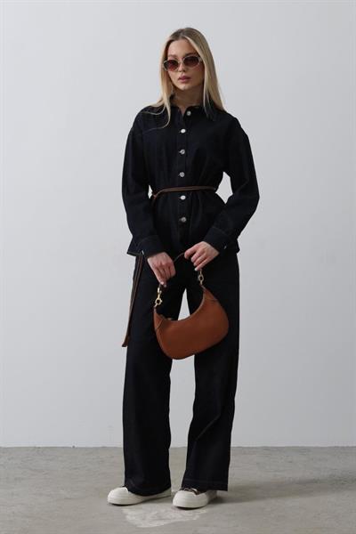 Kemerli Denim Takım - Mavi