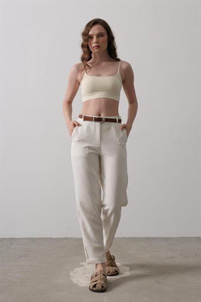 Kemerli Havuç Pantolon - Ekru