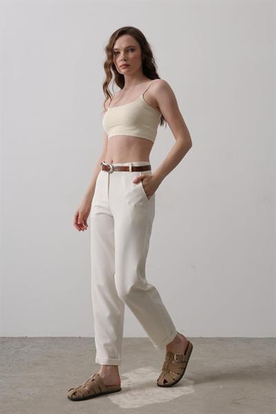 Kemerli Havuç Pantolon - Ekru