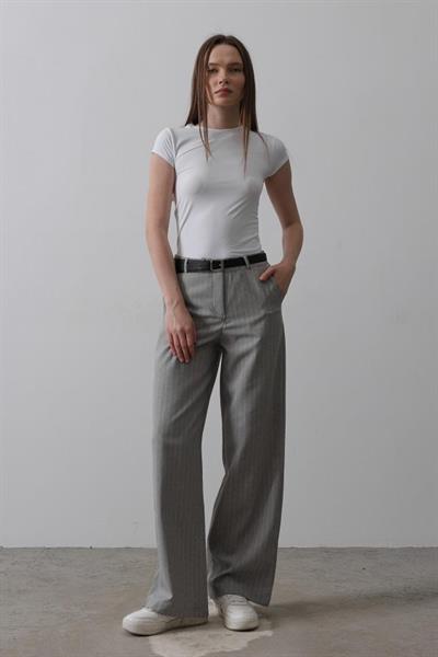 Kemerli Palazzo Pantolon - Gri-Beyaz