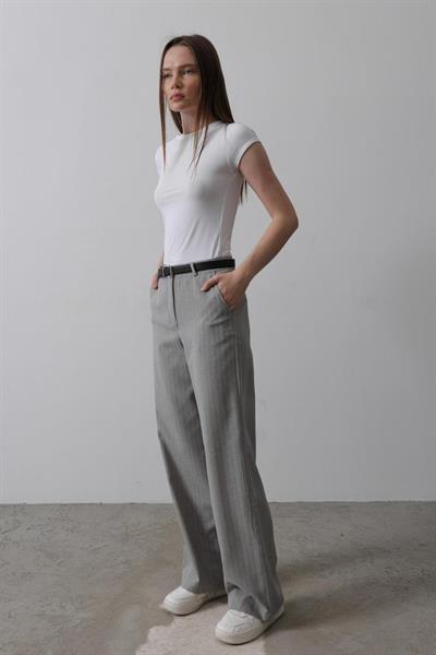 Kemerli Palazzo Pantolon - Gri-Beyaz