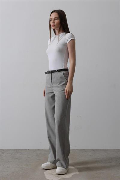 Kemerli Palazzo Pantolon - Gri-Beyaz