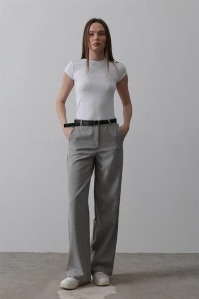 Kemerli Palazzo Pantolon - Gri-Beyaz