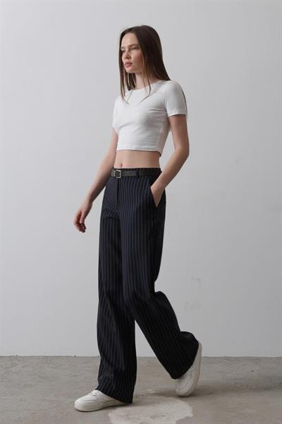 Kemerli Palazzo Pantolon - Lacivert-Beyaz