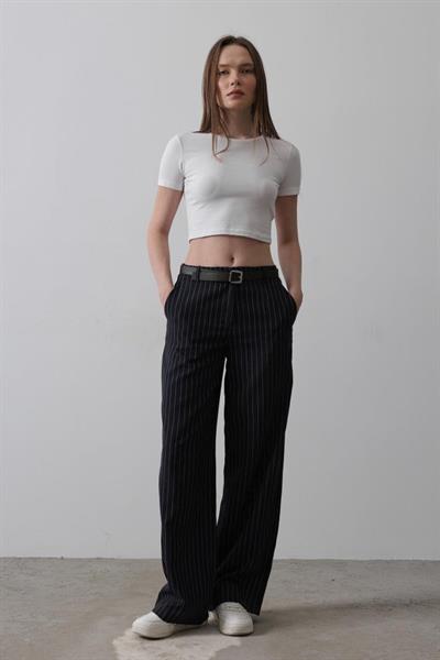 Kemerli Palazzo Pantolon - Lacivert-Beyaz