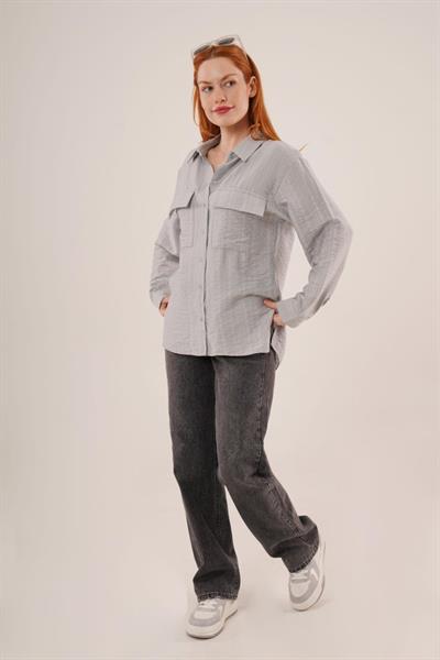 Kendinden Çizgili Cepli Ve Düğmeli Gri Gömlek