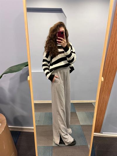 Keten Bel Lasti̇kli̇ Yirtmaç Detayli Pantolon