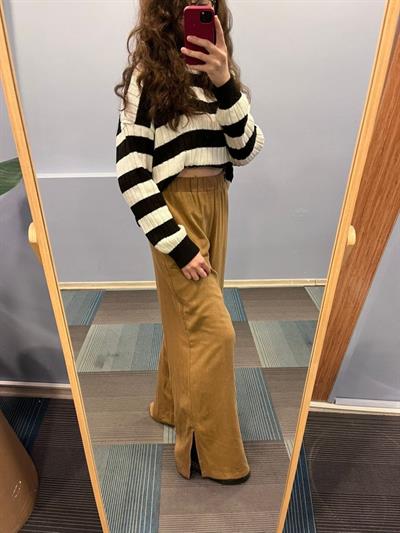 Keten Bel Lasti̇kli̇ Yirtmaç Detayli Pantolon