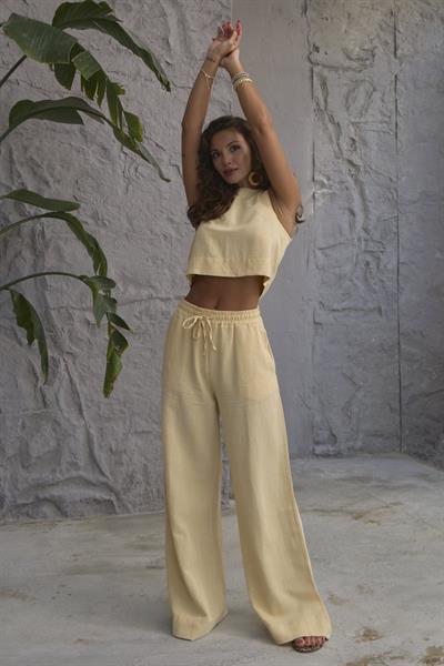 Keten Bluz Bel Lasti̇kli̇ Pantolon Takim