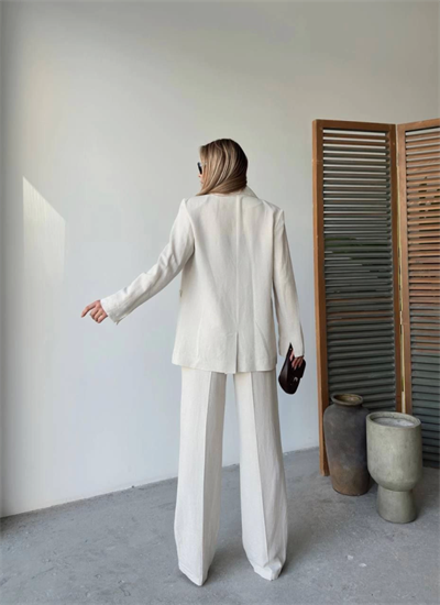 Keten Ceket Pantolon Ikili Takım - Beyaz