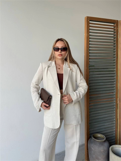 Keten Ceket Pantolon Ikili Takım - Beyaz