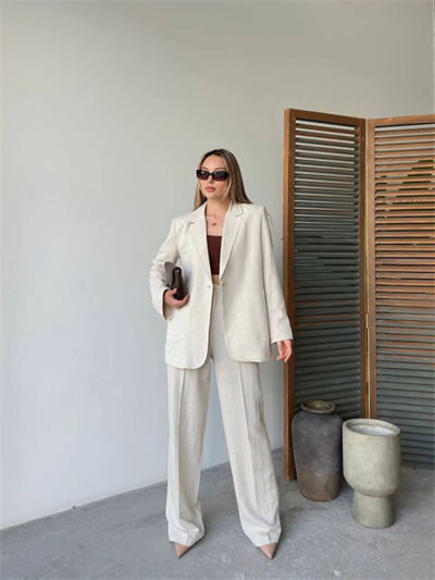 Keten Ceket Pantolon Ikili Takım - Beyaz