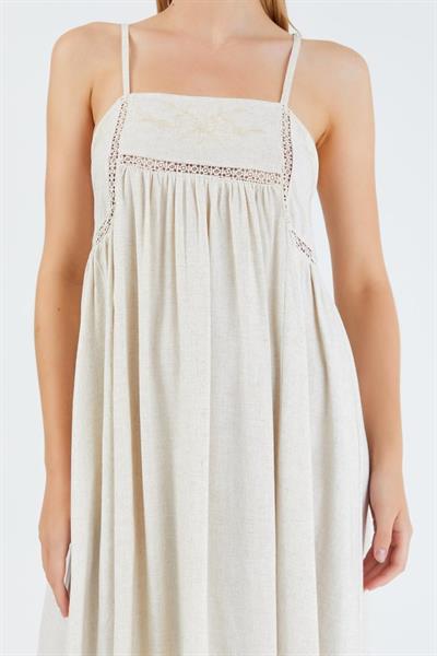 Keten Dantel Detaylı Elbise - Bej