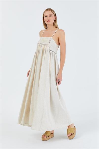 Keten Dantel Detaylı Elbise - Bej