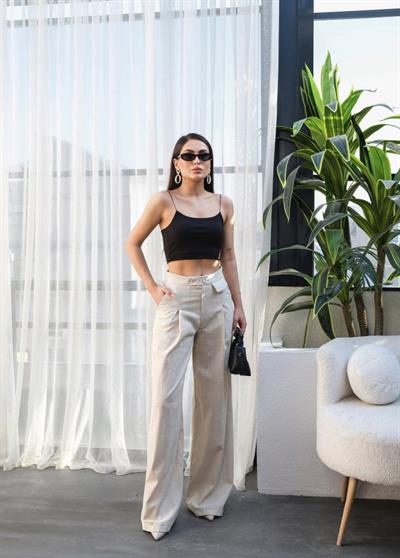 Keten Düğme Detayli Dökümlü Palazzo Pantolon