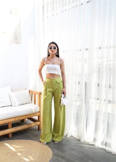 Keten Düğme Detayli Dökümlü Palazzo Pantolon