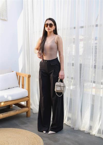 Keten Düğme Detayli Dökümlü Palazzo Pantolon