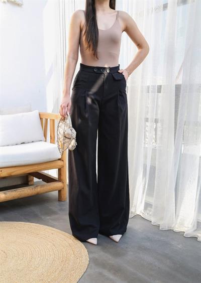 Keten Düğme Detayli Dökümlü Palazzo Pantolon