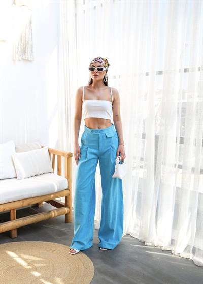 Keten Düğme Detayli Dökümlü Palazzo Pantolon