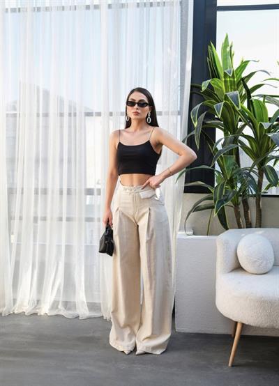 Keten Düğme Detayli Dökümlü Palazzo Pantolon