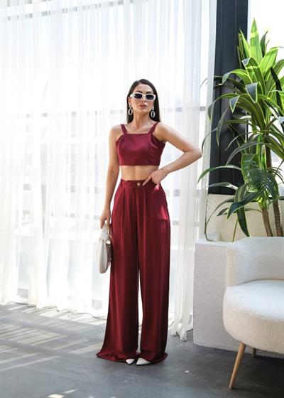 Keten Gi̇peli̇ Crop Ve Pantolon İki̇li̇ Takim