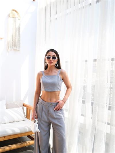 Keten Gi̇peli̇ Crop Ve Pantolon İki̇li̇ Takim