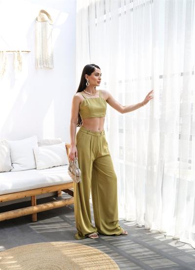 Keten Gi̇peli̇ Crop Ve Pantolon İki̇li̇ Takim