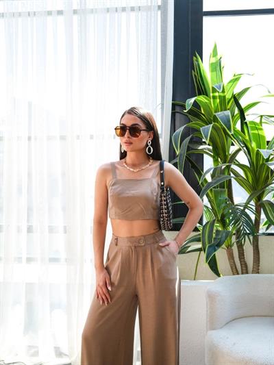 Keten Gi̇peli̇ Crop Ve Pantolon İki̇li̇ Takim