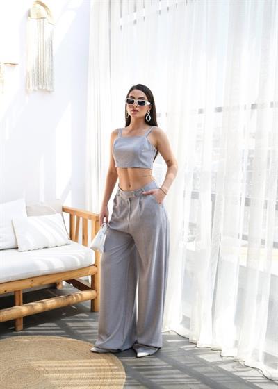 Keten Gi̇peli̇ Crop Ve Pantolon İki̇li̇ Takim