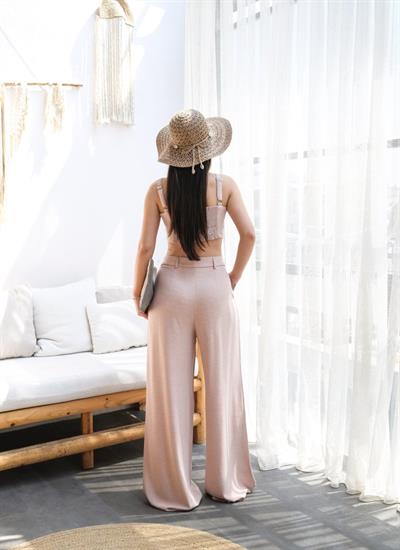 Keten Gi̇peli̇ Crop Ve Pantolon İki̇li̇ Takim