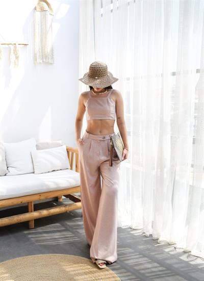 Keten Gi̇peli̇ Crop Ve Pantolon İki̇li̇ Takim