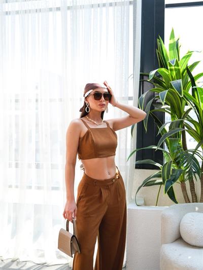 Keten Gi̇peli̇ Crop Ve Pantolon İki̇li̇ Takim