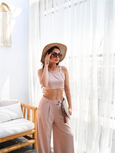 Keten Gi̇peli̇ Crop Ve Pantolon İki̇li̇ Takim