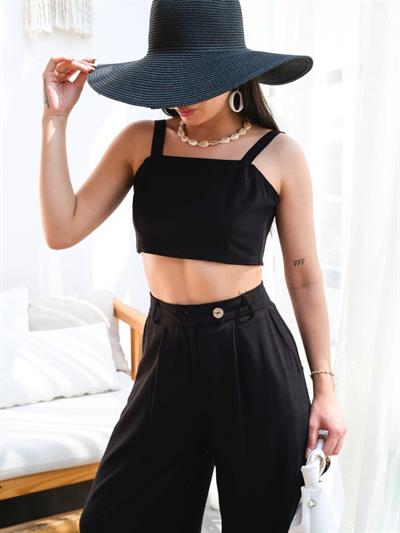 Keten Gi̇peli̇ Crop Ve Pantolon İki̇li̇ Takim