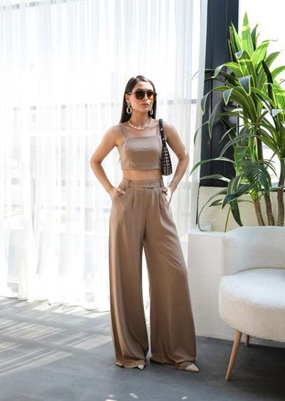 Keten Gi̇peli̇ Crop Ve Pantolon İki̇li̇ Takim