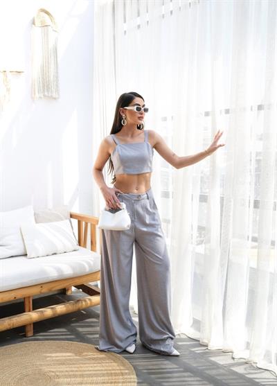 Keten Gi̇peli̇ Crop Ve Pantolon İki̇li̇ Takim