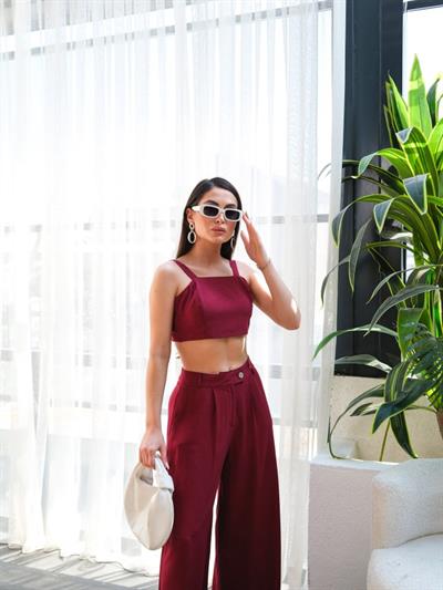 Keten Gi̇peli̇ Crop Ve Pantolon İki̇li̇ Takim